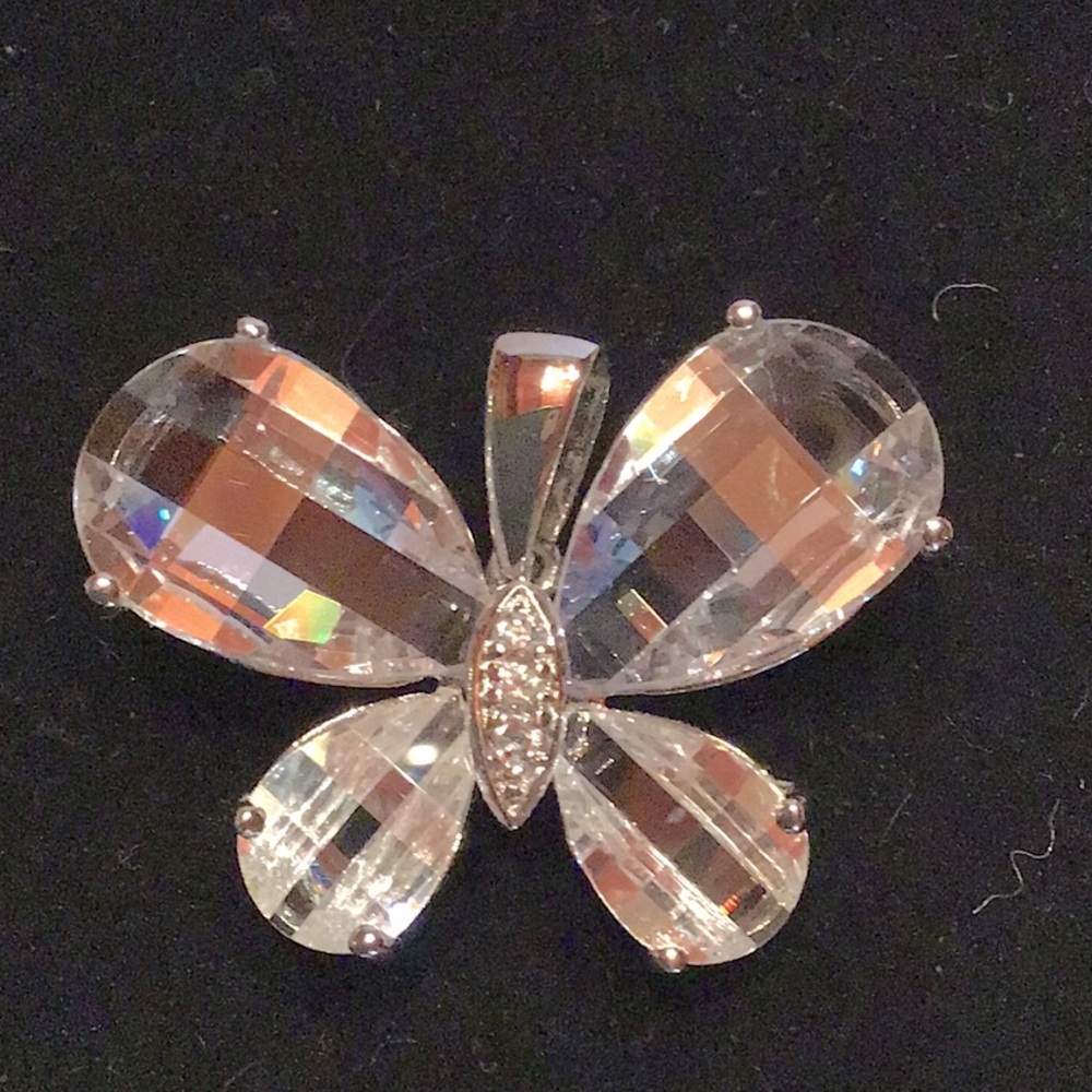 New Sterling Silver Butterfly Pendant. Faceted clear CZ. Clear accent stones.